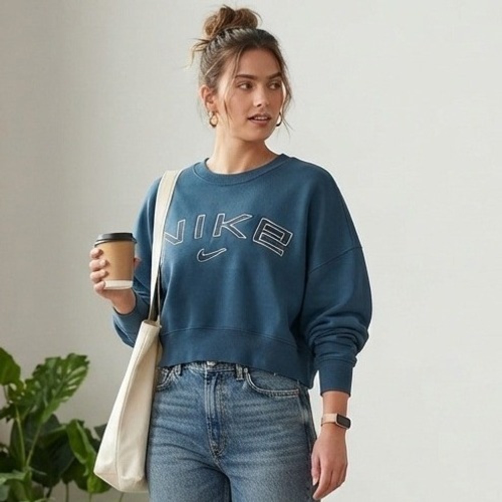 Nike Pullover Sweatshirt Womens Large Blue Cropped Oversized Athleisure Retro